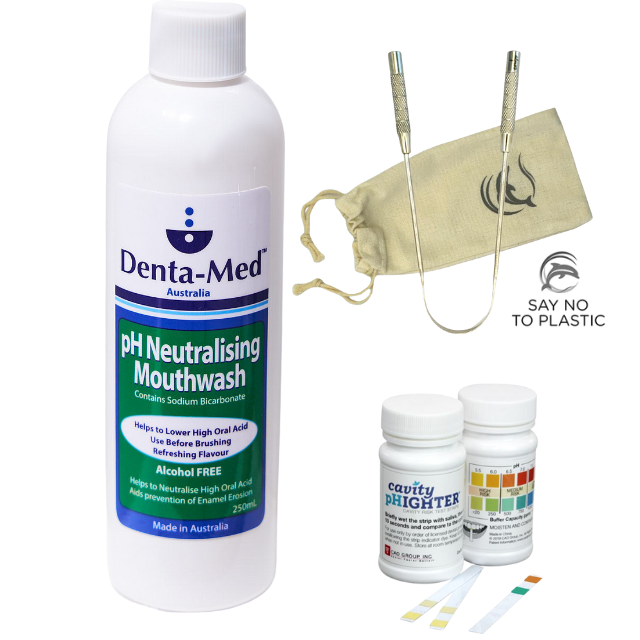 Oral pH Bundle - pH Test Strips (50 per bottle), Stainless Steel Tongue Scraper + Denta-Med pH Neutralising Mouthwash 250mL bottle