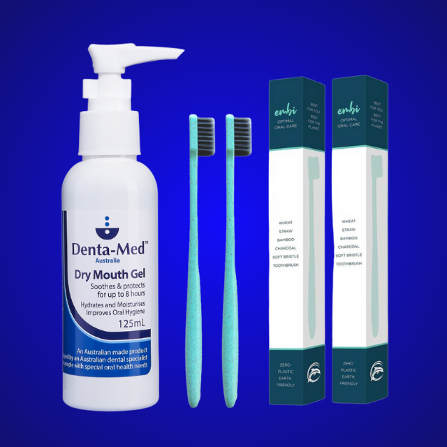 Denta-Med Dry Mouth Oral Hygiene Gel 125mL Pump Bottle + 2 x Embi Bamboo Charcoal Toothbrush