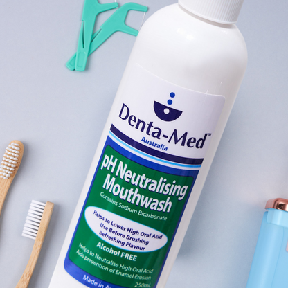 Oral pH Bundle - pH Test Strips (50 per bottle), Stainless Steel Tongue Scraper + Denta-Med pH Neutralising Mouthwash 250mL bottle